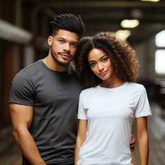 Fototapeta premium Illustration of a couple fashion portrait with plain t-shirt mockup, AI Generated