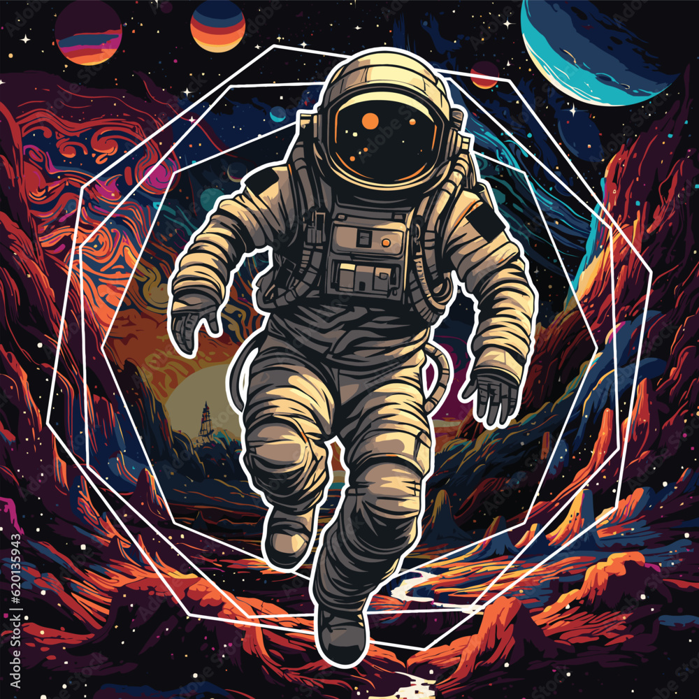 Wall mural astronaut running over the planet mars with a modern and futuristic vector style