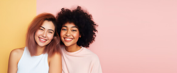 Two young beautiful girls hugging, laughing and smiling against a flat pastel pink background. Happy women girlfriends, portrait, copy space for text. Generative AI photo. - obrazy, fototapety, plakaty