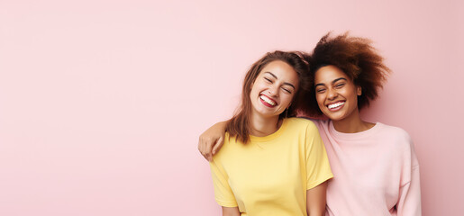Two young beautiful girls hugging, laughing and smiling against a flat pastel pink background. Happy women girlfriends, portrait, copy space for text. Generative AI photo.