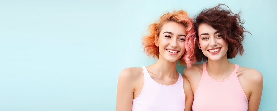 Two young beautiful girls hugging, laughing and smiling against a flat pastel blue background. Happy women girlfriends, portrait, copy space for text. Generative AI photo.