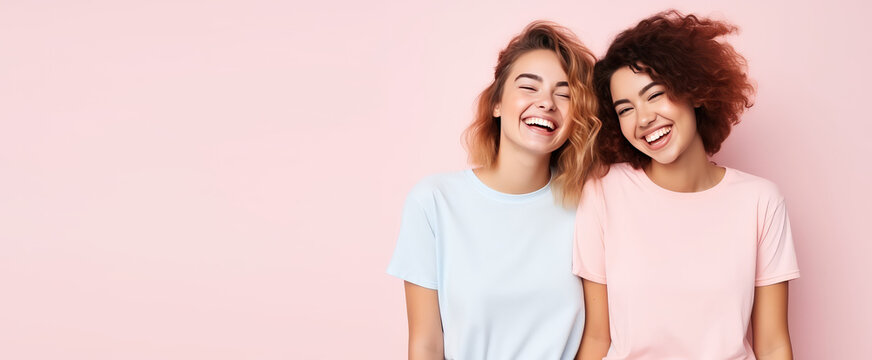 Two young beautiful girls hugging, laughing and smiling against a flat pastel pink background. Happy women girlfriends, portrait, copy space for text. Generative AI photo.