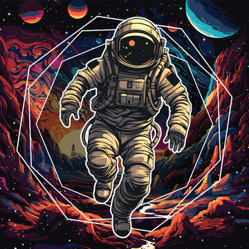 astronaut running over the planet mars with a modern and futuristic vector style