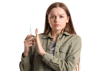 Young female junkie rejecting syringe with drugs on white background