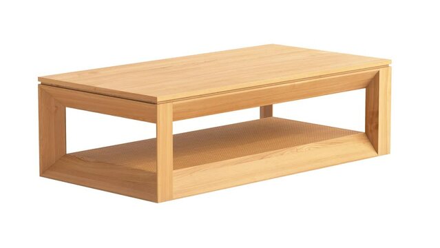 Circular animation of sleek oak-finished coffee table with a cane inset on the bottom shelf on white background. Modern, Loft, Scandinavian interior. 3d render