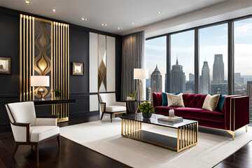 Interior design of a living room back to the glamorous Art Deco era with luxurious materials such as velvet, marble, and gold accents.