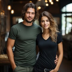 Fototapeta premium Illustration of a couple fashion portrait with plain t-shirt mockup, AI Generated