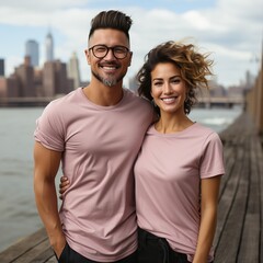 Obraz premium Illustration of a couple fashion portrait with plain t-shirt mockup, AI Generated