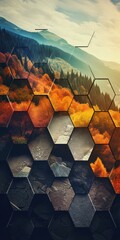Hexagonal Artwork Displaying Various Landscapes, Embodied in Layered Colorful Forms and Glazed Surfaces - Colored in Dark Cyan and Light Amber - Background created with Generative AI Technology