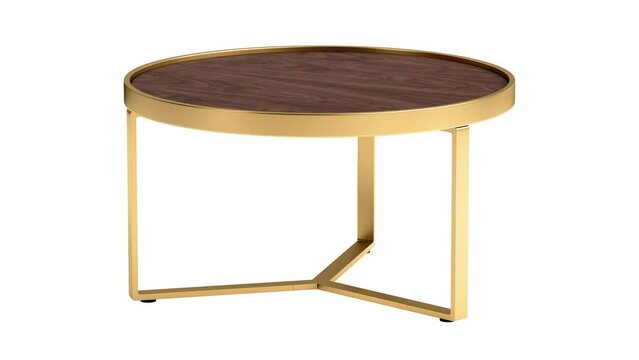Circular animation of mid-century style coffee table with rich walnut top and a matte brass metal frame on white background. Round coffee table. Modern, Loft, Scandinavian interior. 3d render