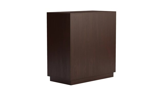 Circular animation of modern bar cabinet with natural woven cane doors and modern circular handle pulls on white background. Mid-century, Loft, Chalet, Scandinavian interior. 3d render