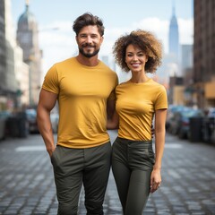 Fototapeta premium Illustration of a couple fashion portrait with plain t-shirt mockup, AI Generated