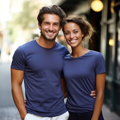 Fototapeta premium Illustration of a couple fashion portrait with plain t-shirt mockup, AI Generated