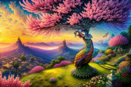 A painting of a peacock on a tree branch, created with Generative AI technology