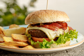 The yummy burger with homemade craft french fries on the blue plate filmed outside 