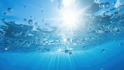 Underwater looking up on the surface blue sky background sunbeam - Generative AI