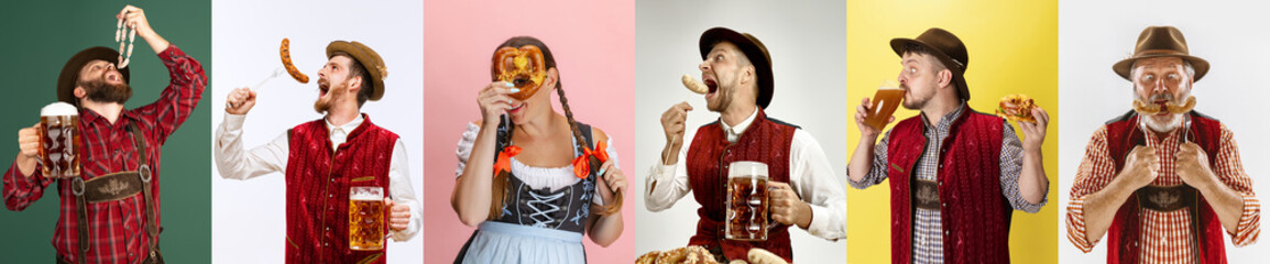Collage made of young people, men and women in traditional causes emotional eating sausage and drinking beer. Concept of Oktoberfest, traditions, alcohol, taste, holidays, ad - obrazy, fototapety, plakaty