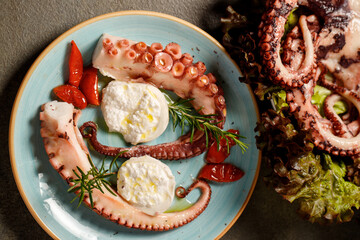 Delicacy of boiled huge octopus tentacles with mozzarella of buffalo and branch of rosemarie 