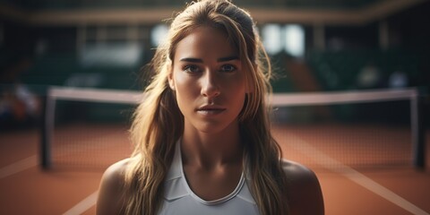 A determined female tennis player, with unwavering focus and skill, fiercely competing on the court and striving for victory. Generative AI
