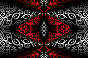 Beautiful red Black and white line art batik ethnic dayak aztec pattern gradient Background

