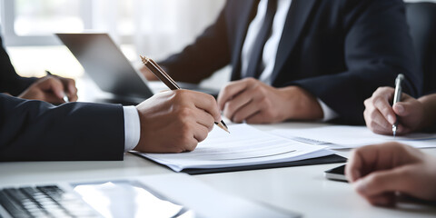 businessmen hands on a white table with signing documents, drafts, and businessmen working together. Generative AI.