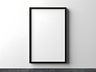 A wooden black empty frame on white wall, Generative AI.