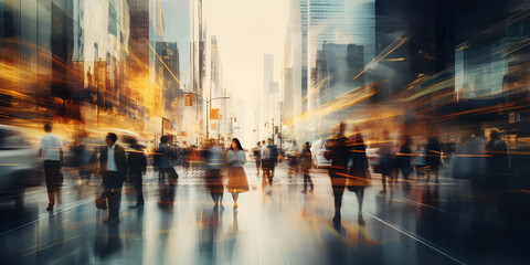 Fast Paced and Blurred business people walking in the motion blur effect cityscape.  Generative AI.