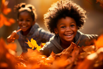 black kids playing in autumn leaves on a sunny day - obrazy, fototapety, plakaty