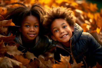 black kids playing in autumn leaves on a sunny day - 620139137