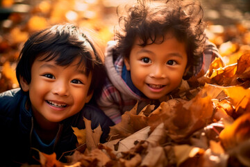asian kids playing in autumn leaves on a sunny day - 620139142