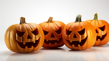Scary smiling orange Halloween pumpkins on a white background, banner, place for text, Generative AI, generative artificial intelligence