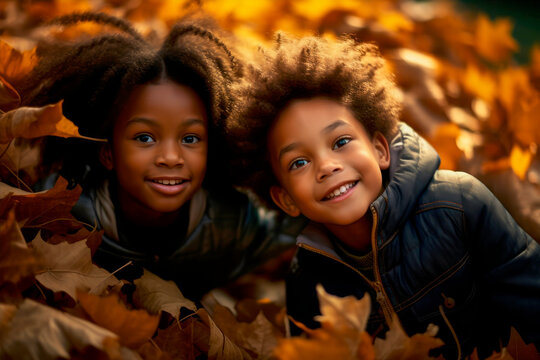 black kids playing in autumn leaves on a sunny day