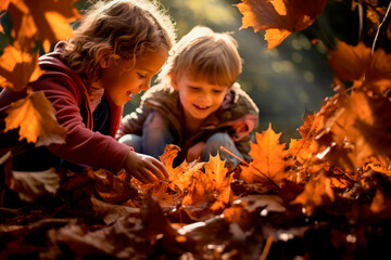 kids playing in autumn leaves on a sunny day - 620139320