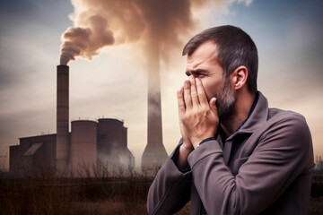 man covering his mouth in front of a factory with air polution - 620139326