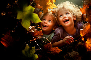 kids playing in autumn leaves on a sunny day