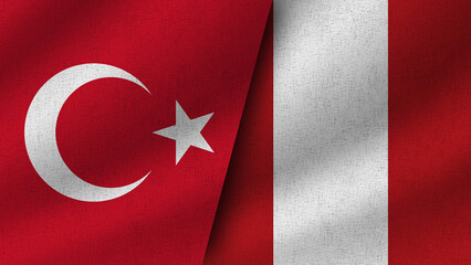 Peru and Turkey Realistic Two Flags Together, 3D Illustration