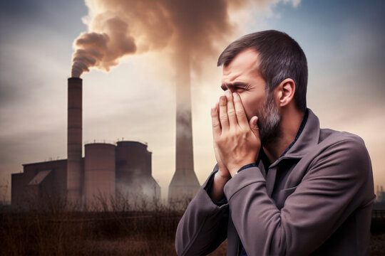 man covering his mouth in front of a factory with air polution