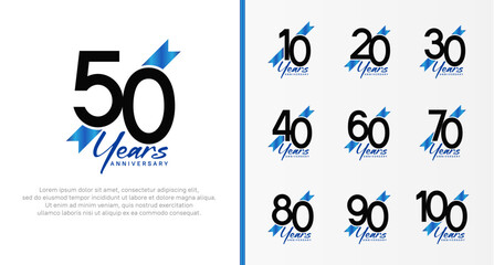 set of anniversary logo black color number and blue ribbon on white background for celebration