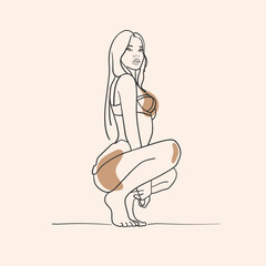 Girl in underwear with shape on a  beige background. Sex shop design. Pole dancer. Female sexuality. Vector illustration in line art style
