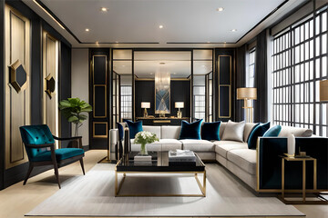 Interior design of a living room back to the glamorous Art Deco era with luxurious materials such as velvet, marble, and gold accents.