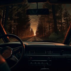 inside a car, in stunning road, trees beside the road, twilight