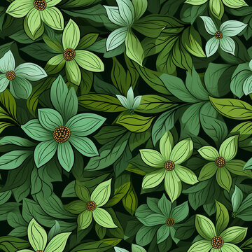 Flowers and leafs green tone pattern seamless. ai generate.