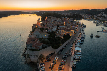Aerial view of the evening in the old town of Rab, the Adriatic Sea in Croatia