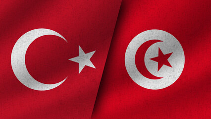 Tunisia and Turkey Realistic Two Flags Together, 3D Illustration