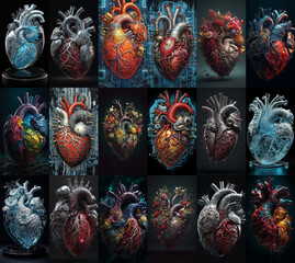 Set of various human heart in different styles AI generated