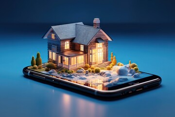 A smartphone application for online search, purchase, sale and booking of real estate. An unusual 3D illustration of a beautiful house. Generative AI