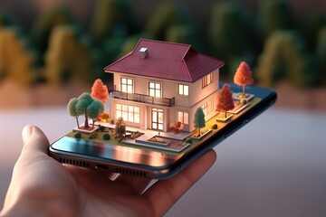 A smartphone application for online search, purchase, sale and booking of real estate. An unusual 3D illustration of a beautiful house. Generative AI