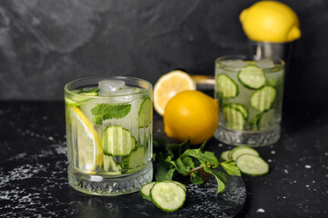 Glasses of mojito with cucumber on grunge black table