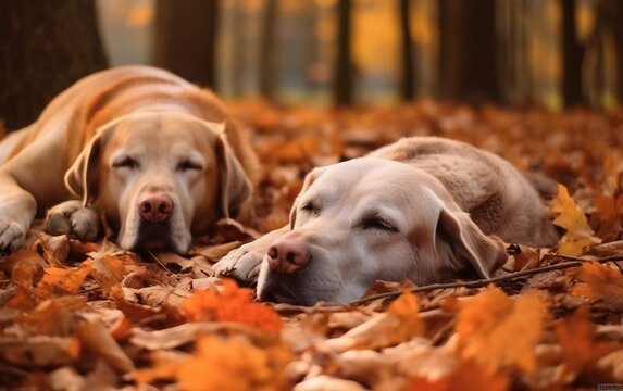 A couple of dogs laying on top of a pile of leaves. AI