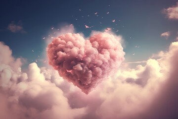 Illustration of a heart-shaped cloud floating in the blue sky created using generative AI
